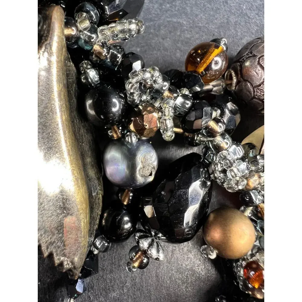 Artisan Copper Wire Necklace Glass Onyx Pyrite Amber Pearl 17”